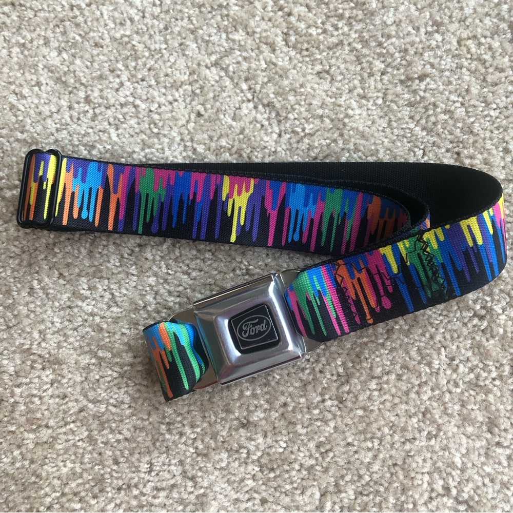 Buckle Down Ford Seatbelt Belt - Paint Drips Black/Multi Neon